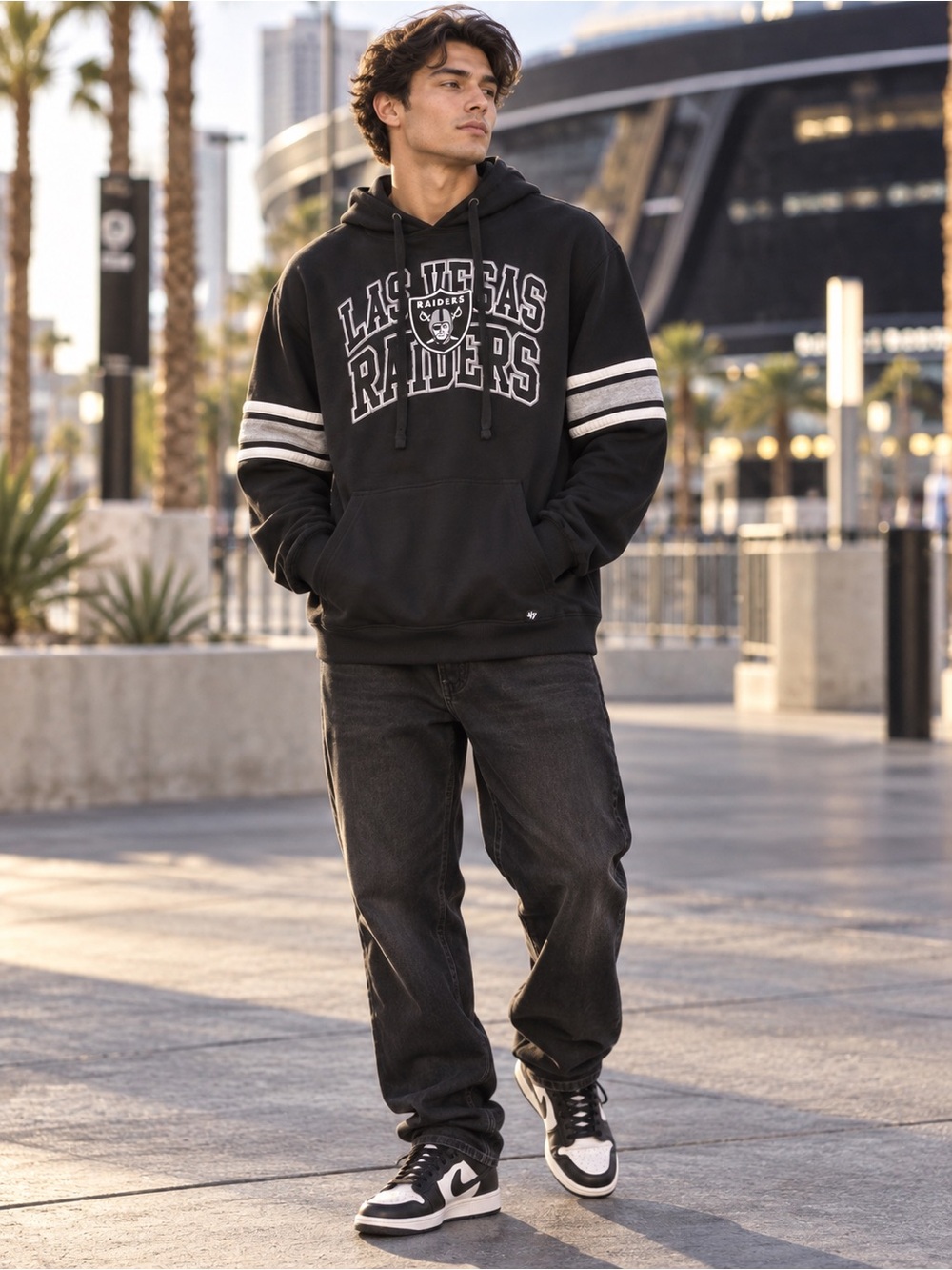 47 Los Angeles Raiders Black Hoodie with White Sleeve Stripes
